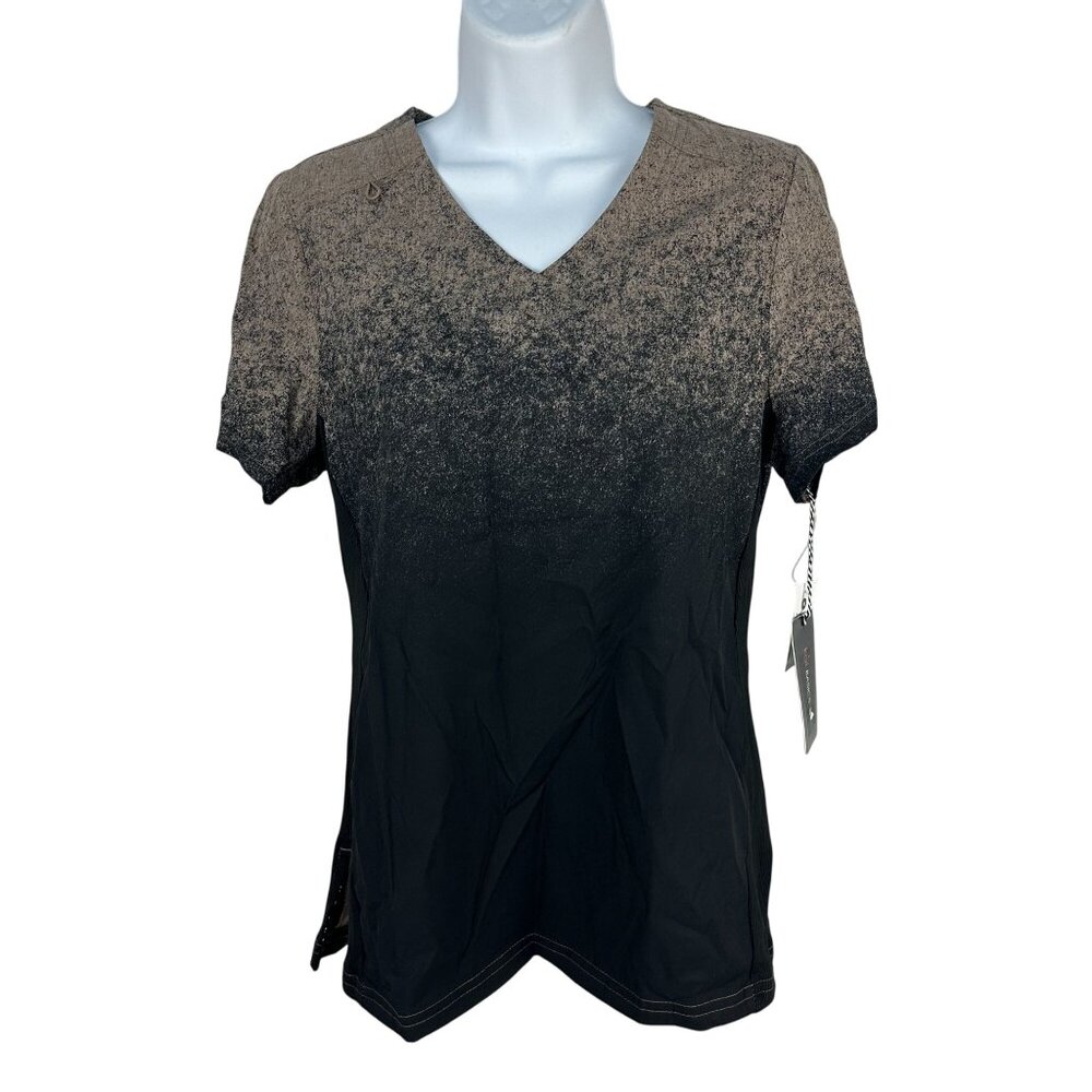 Koi Basics Womens V Neck Scrub Top XS Heather Taupe &  Black Gradient